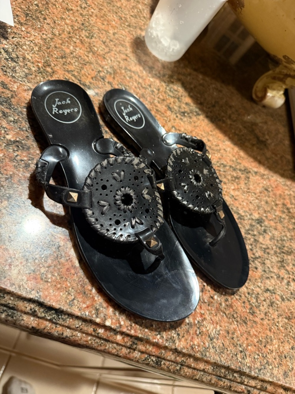 Jack Rogers Black Leather Medallion Thong Sandals